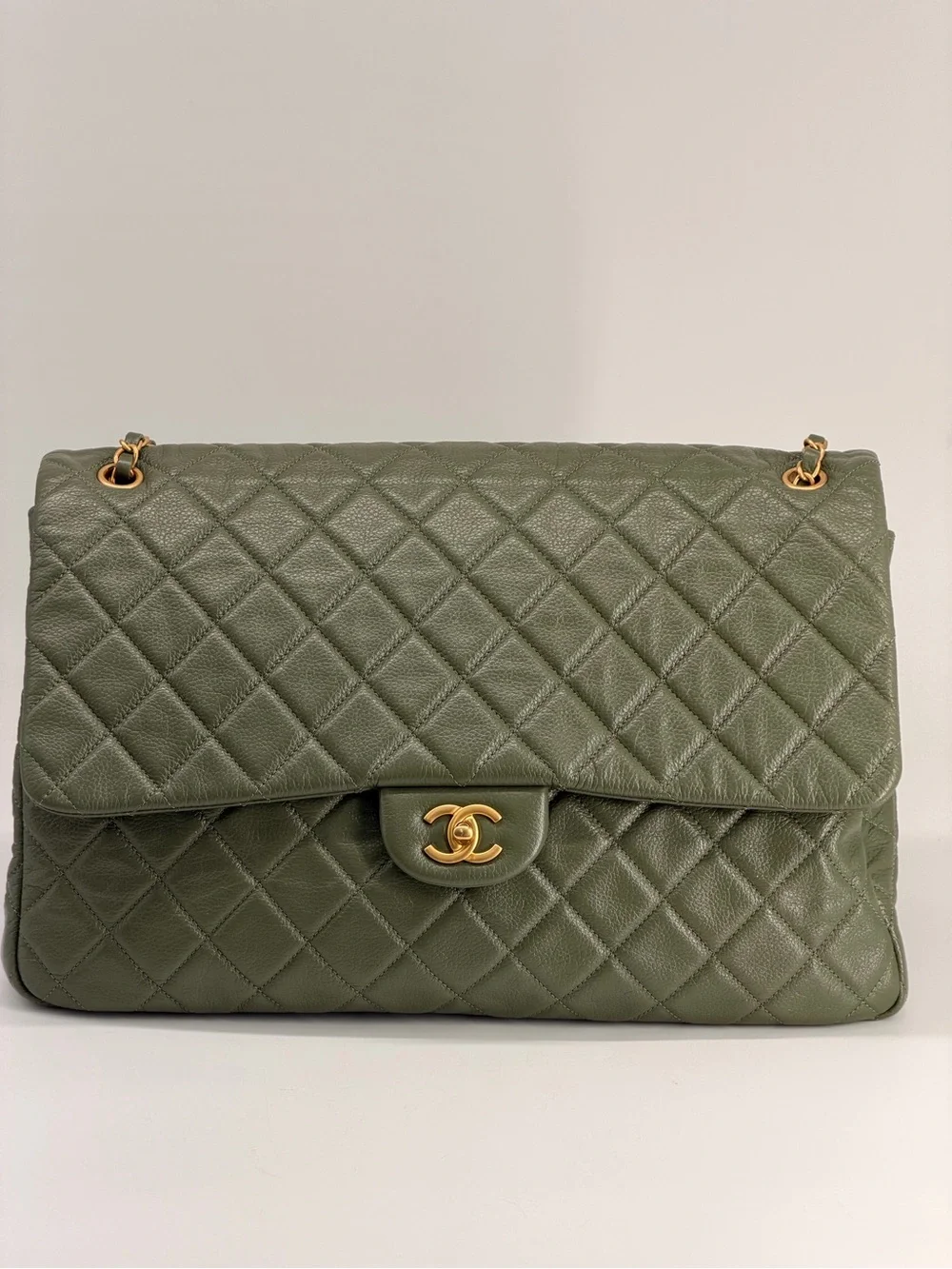 Chanel XXL Travel Classic Flap Bag Khaki Grained Calfskin Leather